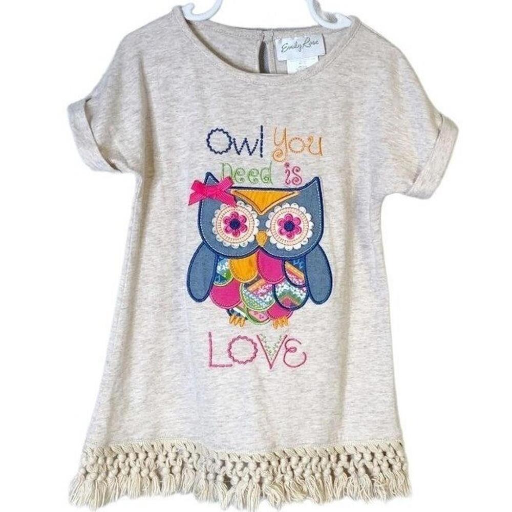 Emily Rose Kids/ Girls Oatmeal Owl Applique Fringe Hem 6 Boho Bird‎ Colorful